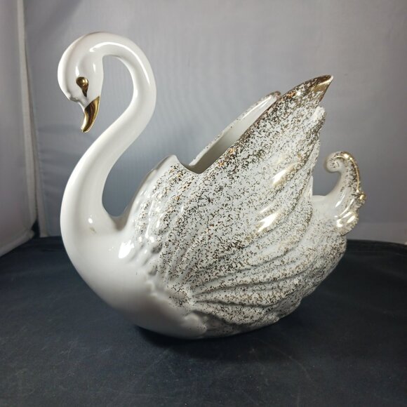 Vintage MCM Porcelain Swan Planter Figurine Gold & White Vase - Picture 11 of 11